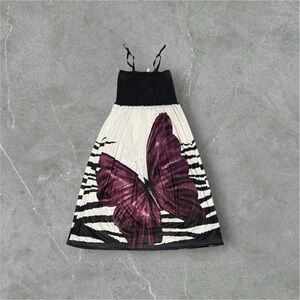 Vintage Women’s Black and White Dress with Purple Butterfly